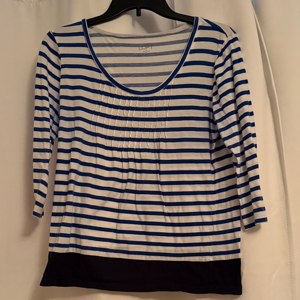 LOFT Women's Navy and White Striped Long Sleeve Top